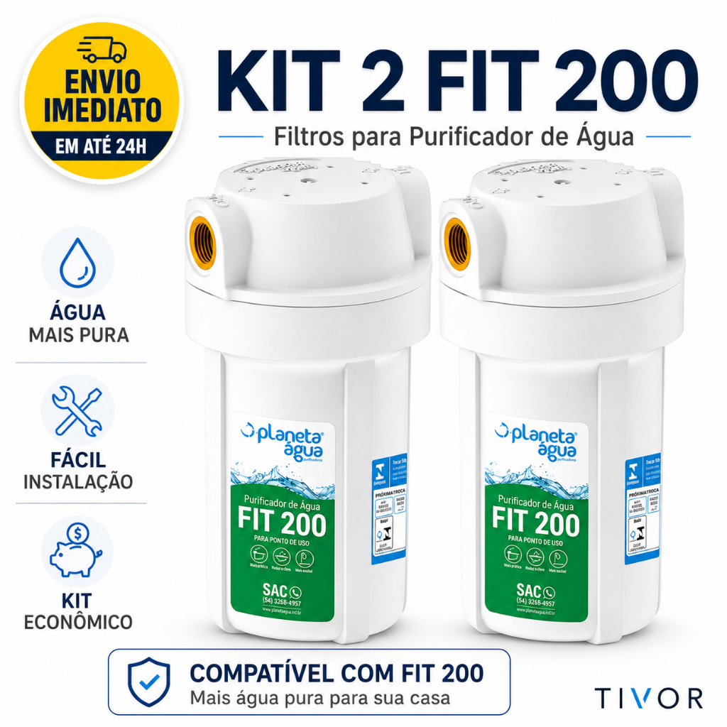 Kit 2 Unidades Purificador Água Filtro Fit 200 Branco com Refil PA 200 Rosca 1/2