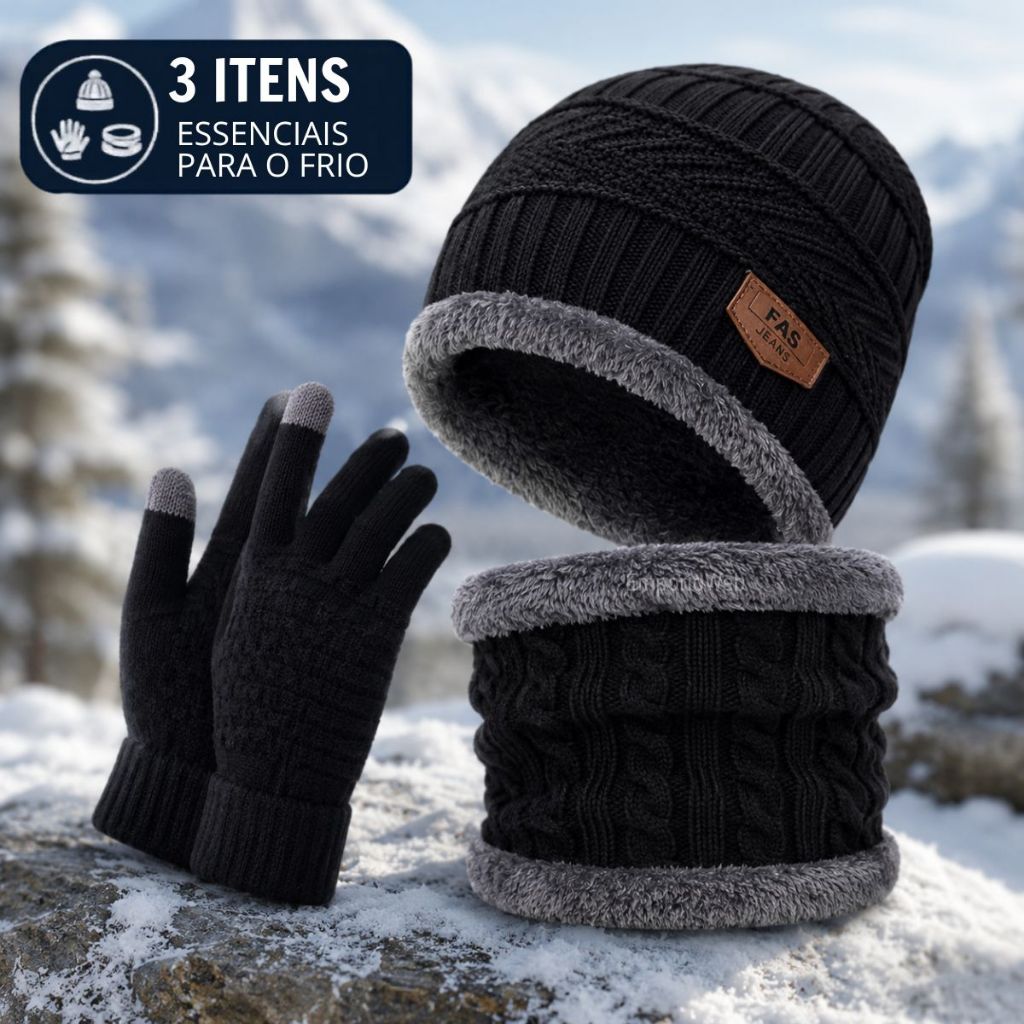 Touca Termica Cachecol Balaclava Luva Touch Kit Inverno Forrado De Lã Completo Protetor do Frio