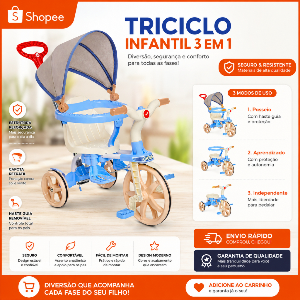 Triciclo Ciclito Calesita Carrinho 3 em 1 Andador Infantil C/ Toldo Ajustável Haste Protetor e Pedal