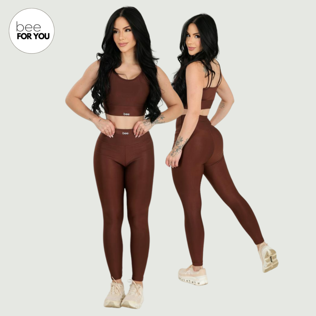 Conjunto Roupa de Academia Calça Legging Cós Alto Top Feminino Treinar Treino Fitness Feminino Bee