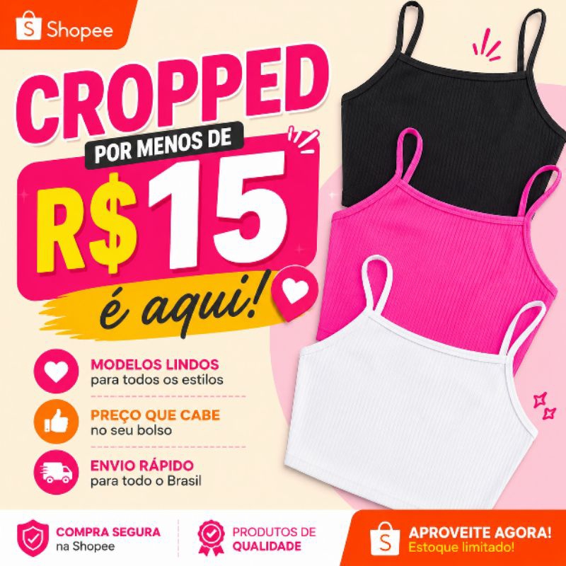 Cropped Feminino Regata Alcinha Fina Verão Confortável Forro Duplo Bojo Tecido Suplex Canelado Fim de ano Natal