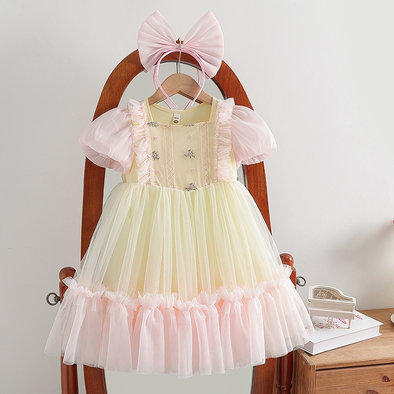Vestido de Princesa Rosa e Amarelo para Meninas: Vestido de Festa com Saia de Tule no Estilo Coreano, Nova Coleção