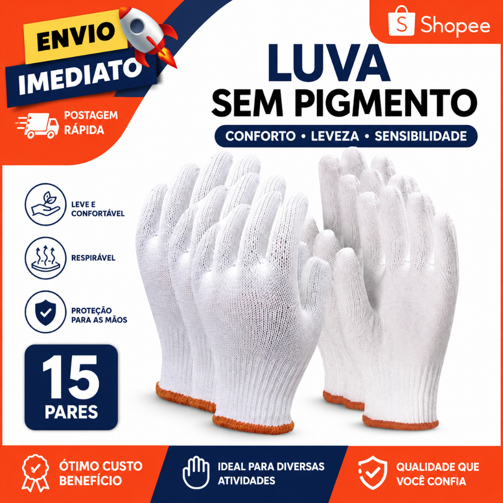 Kit 15 Luva Sem Pigmento Algodão Tricotada Proteção para Manutenção Eletricista Serviço de Obra