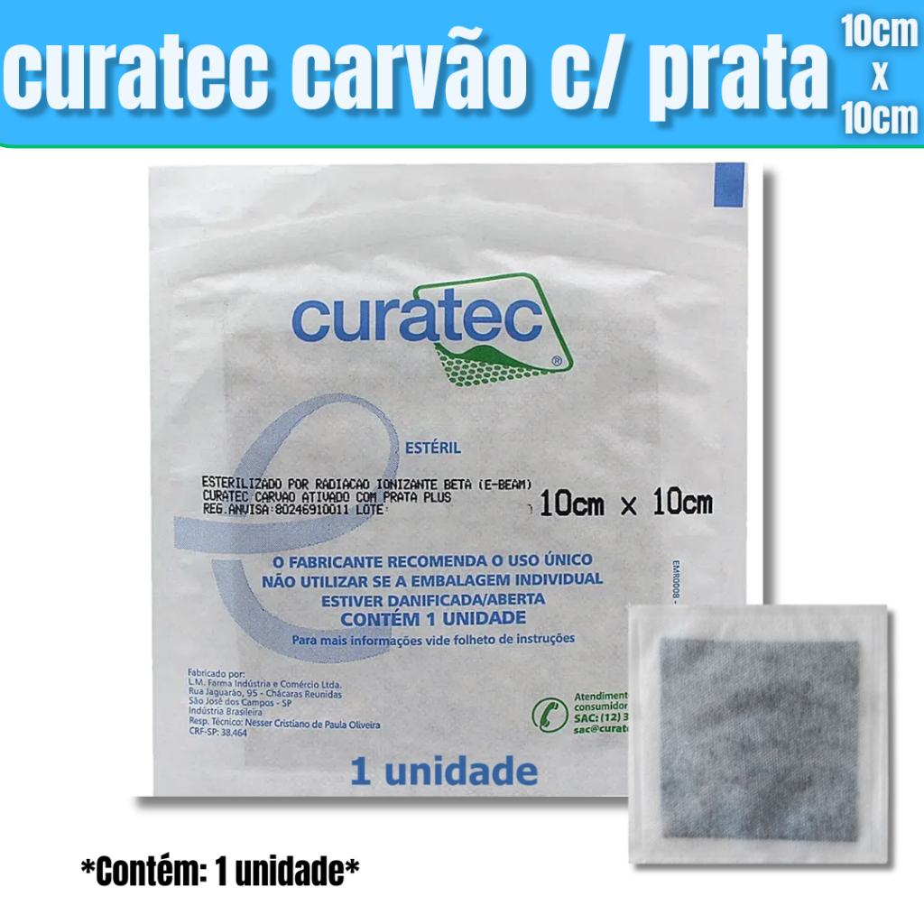 Curativo Carvão Ativado Com Prata Plus Recortável 10cmx10cm Curatec