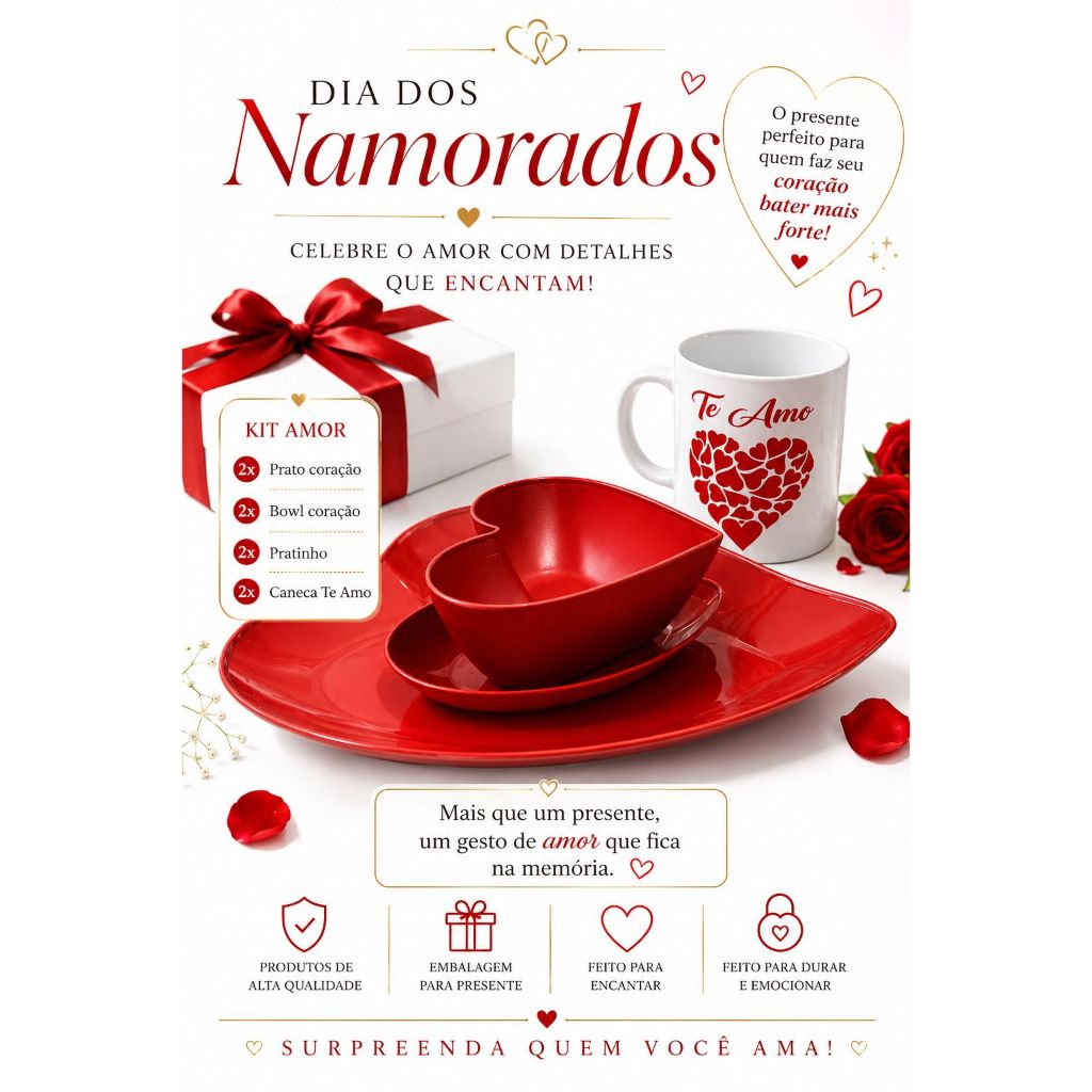 2 PRATO JANTAR CORAÇÃO  02 Pratinho 02 Bolw 2 Caneca kit amor