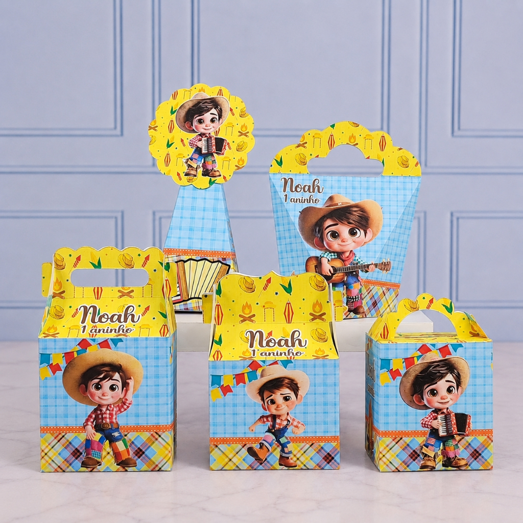 Kit Caixinhas Papelaria Personalizada Festa Junina 1 Lembrancinha Surpresa aniversário festa infantil Desmontado