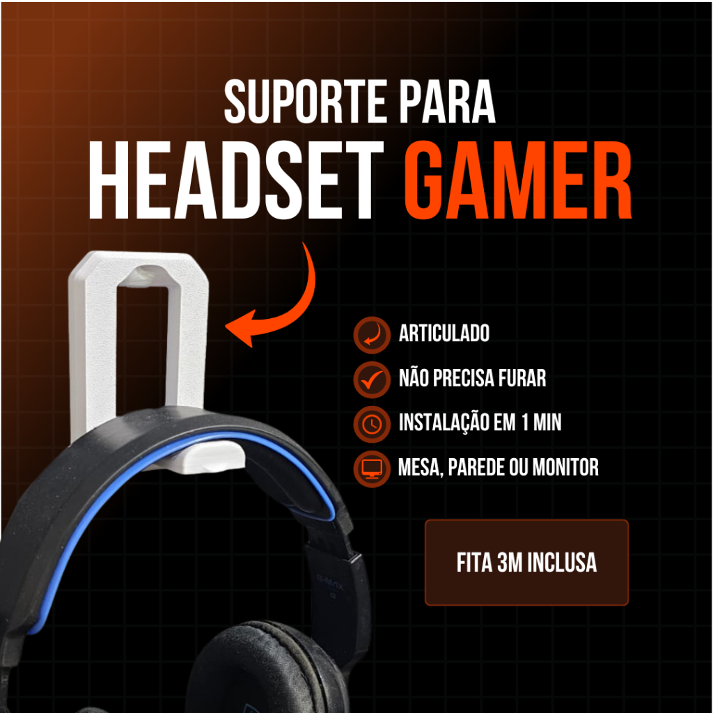 Suporte Headset Fone de Ouvido Articulado Sem Furo Fita 3M Gamer Mesa Parede Home Office