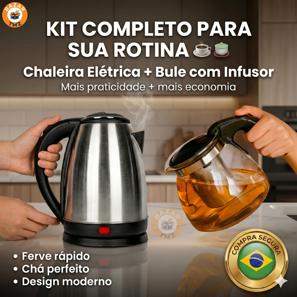 Chaleira Elétrica 1,8L 1500W Inox 110V OU 220V Sem Fio Água Fervendo Bule Vidro Infusor Chá Café 350