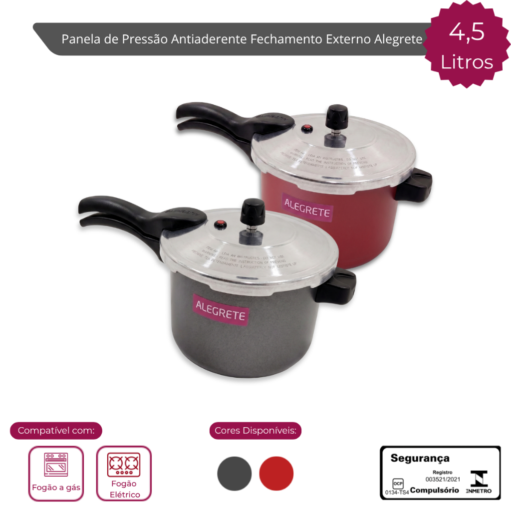 Panela de Pressão 4,5L Antiaderente Fechamento Externo Teflon Cinza Vermelha