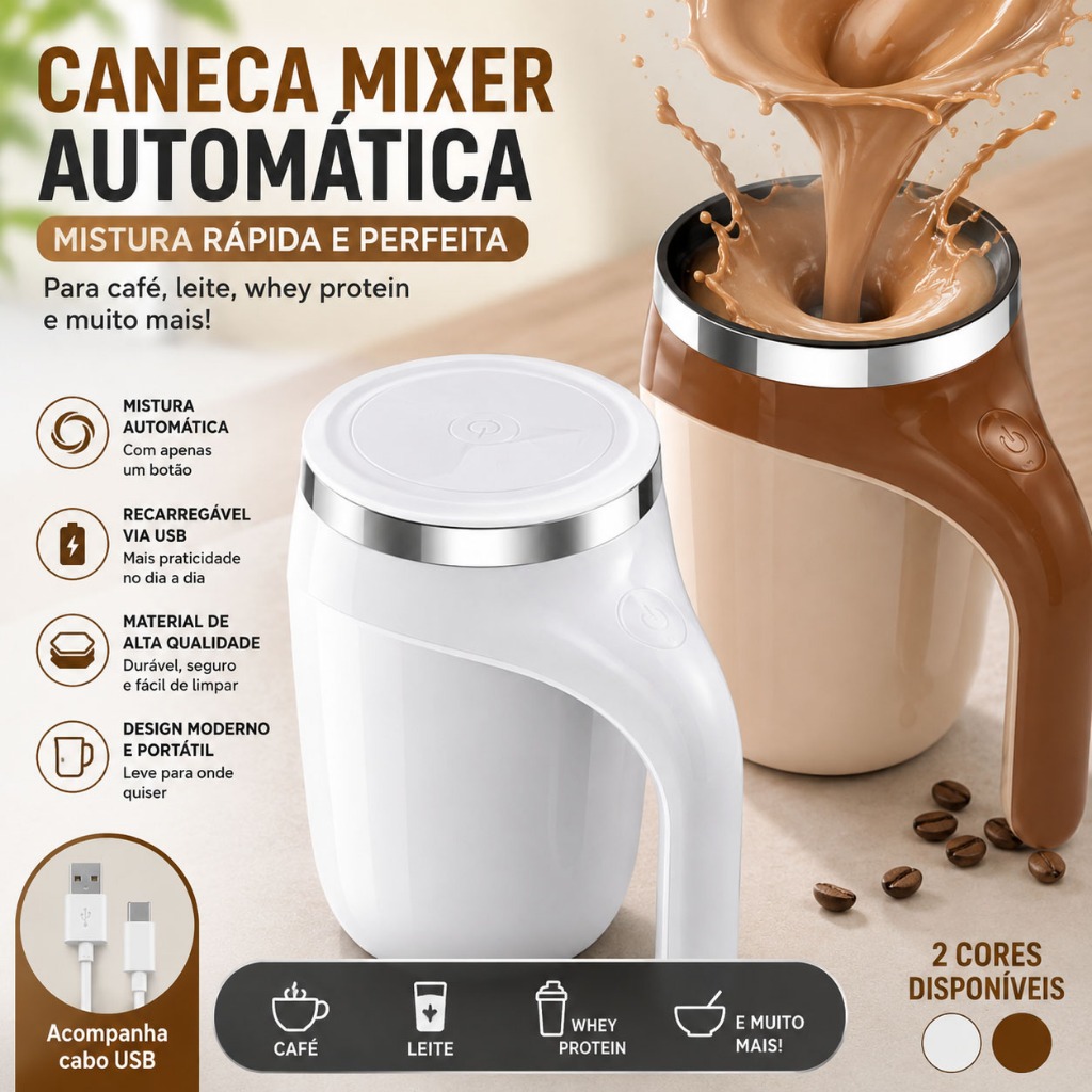 Caneca Mixer Automática Recarregável USB para Café Leite Whey Protein Mistura Rápida
