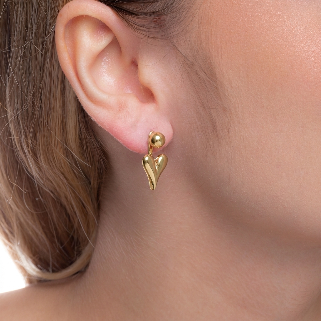 Brinco Bolinha e Coração Estilizado Liso Banhado a Ouro 18k Feminino Semi Joias