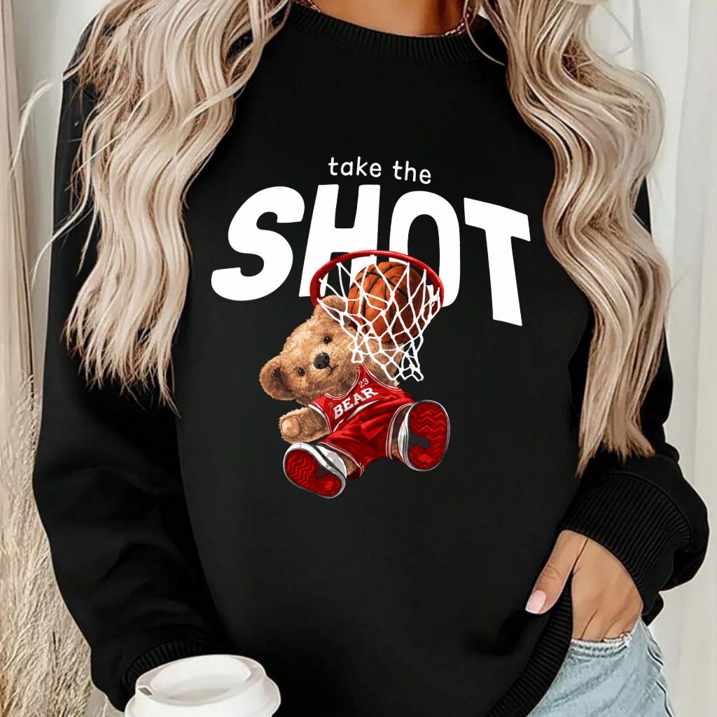 Blusa de Frio Moletom Feminino Sem Gola Careca Preto Blogueira Estampado Moda Bear Urso Jogo Play Basquete