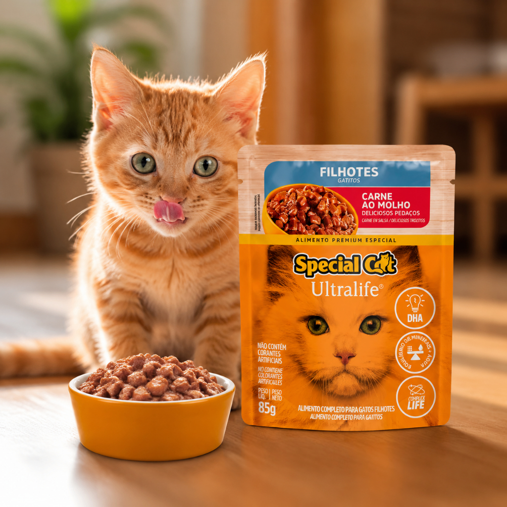Sache Ração Úmida Cat Para Gato Special Cat Premium 85 G Sabor Carne Filhotes