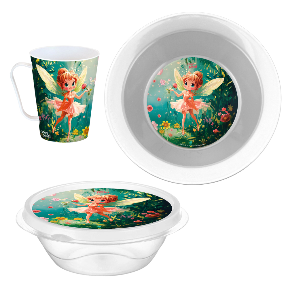 Kit Escolar Infantil Fada 3 Peças Caneca Prato Pote