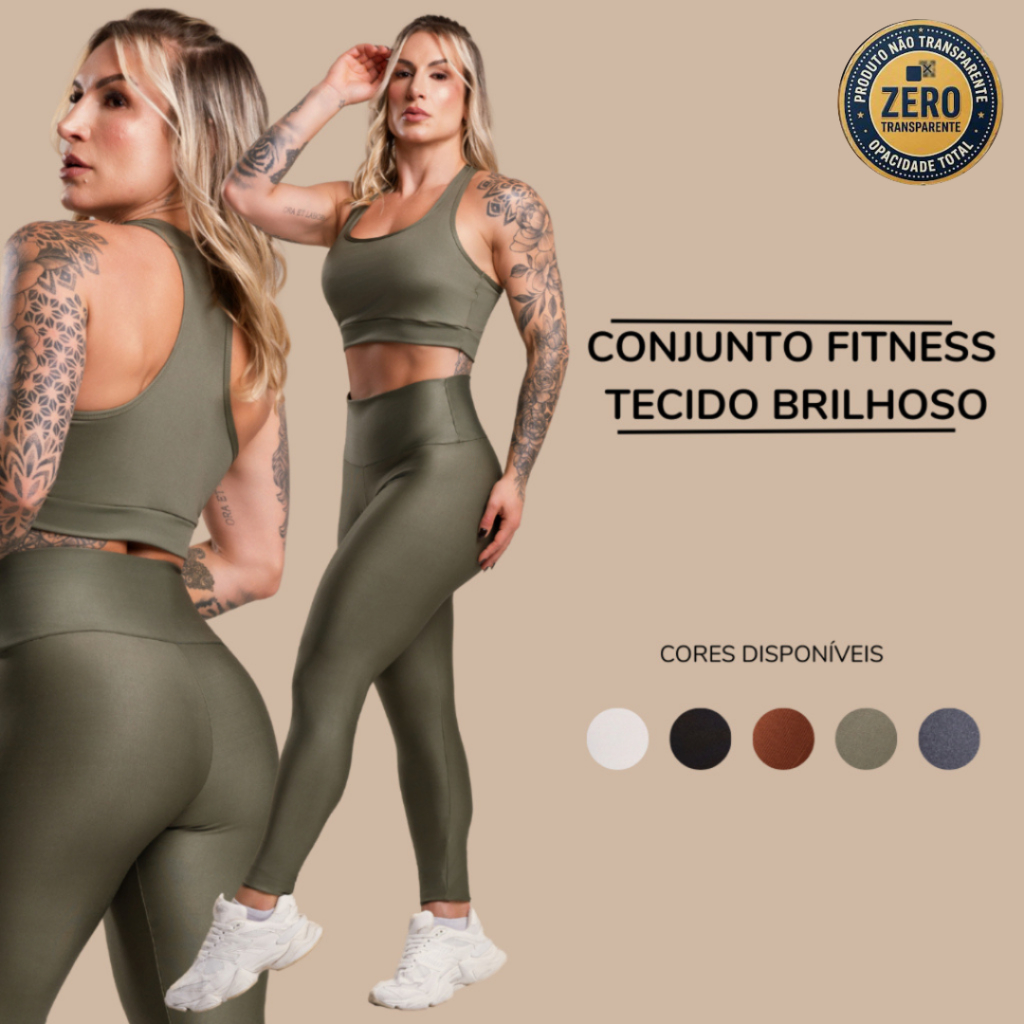 Conjunto Fitness Feminino Brilhoso Academia Treino Top Nadador e Calça Legging Lisa Cintura Alta ZERO TRANSPARÊNCIA