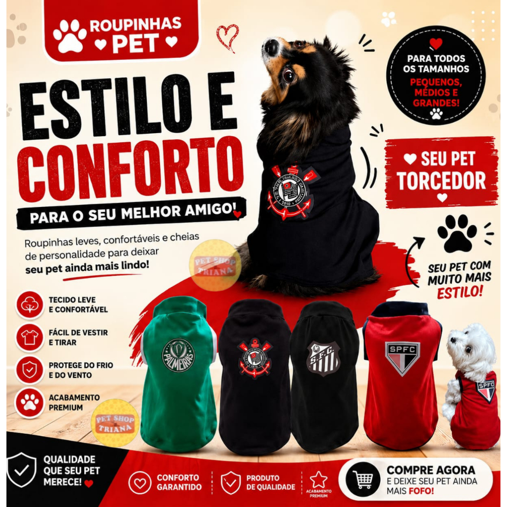 Roupinha Pet de Time de Futebol para Cachorro Cães Gatos Camiseta Pet Time Cães e Gatos