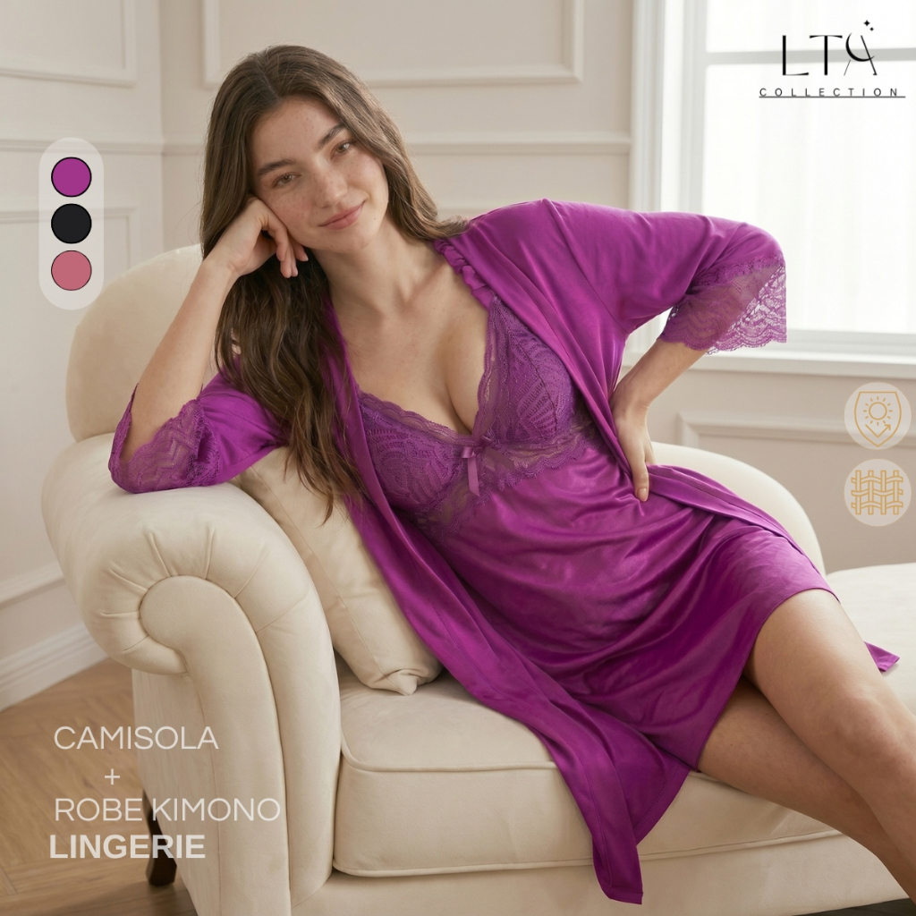 Kit Camisola Frente Única  + Robe Kimono Sensual em Microfibra e Renda Luxo Microfibra Dia a Dia
