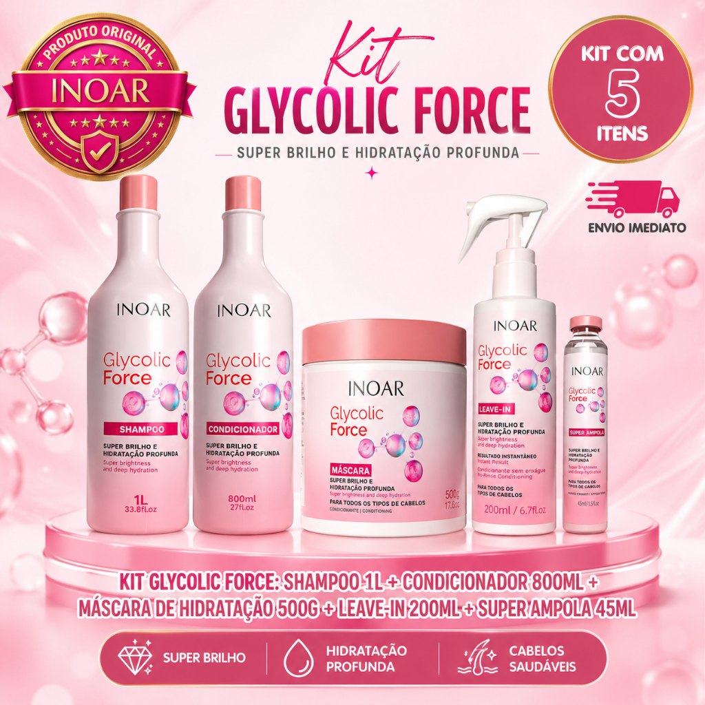 Kit 5 Itens Inoar Glycolic Force Shampoo 1L + Condicionador 800ML + Máscara 500g + Leave In 200ml + Super Ampola 45ml