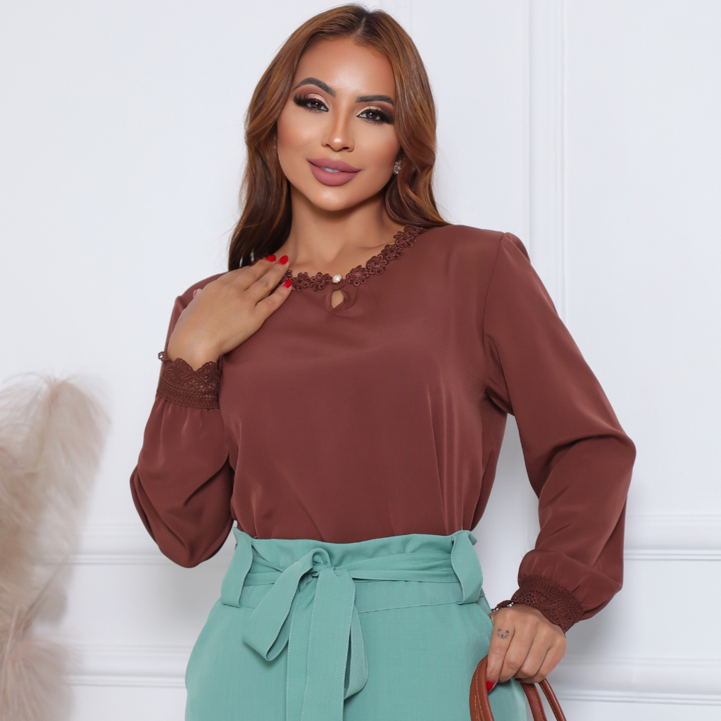 Blusa Moda Evangelica Casual Manga Longa Gola Florzinha Punho Renda Do M Ao GG