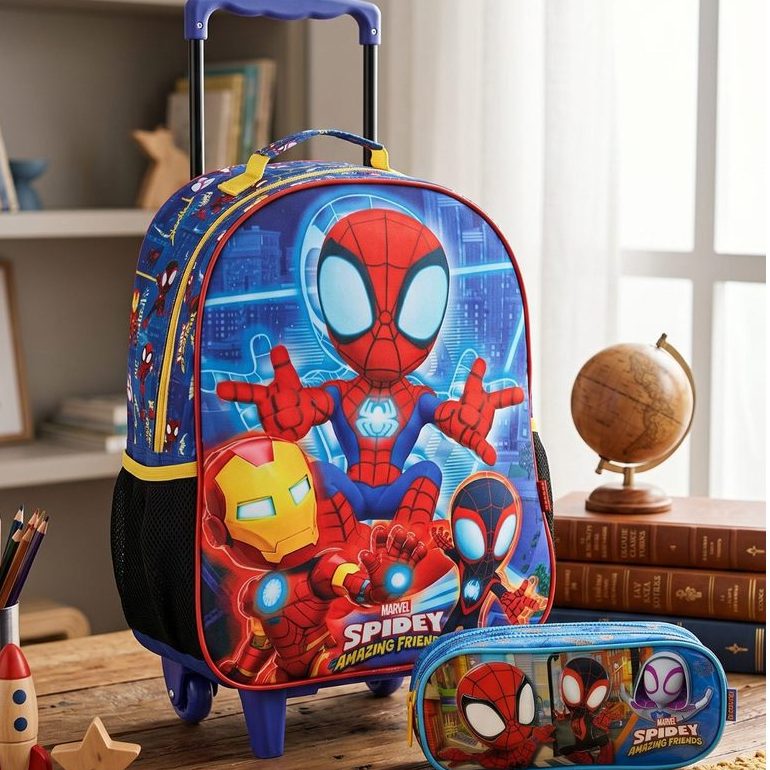 Kit Conjunto Escolar Infantil Menino Spider Man Spidey Mochila de Rodas 3D + Estojo Penal Duplo