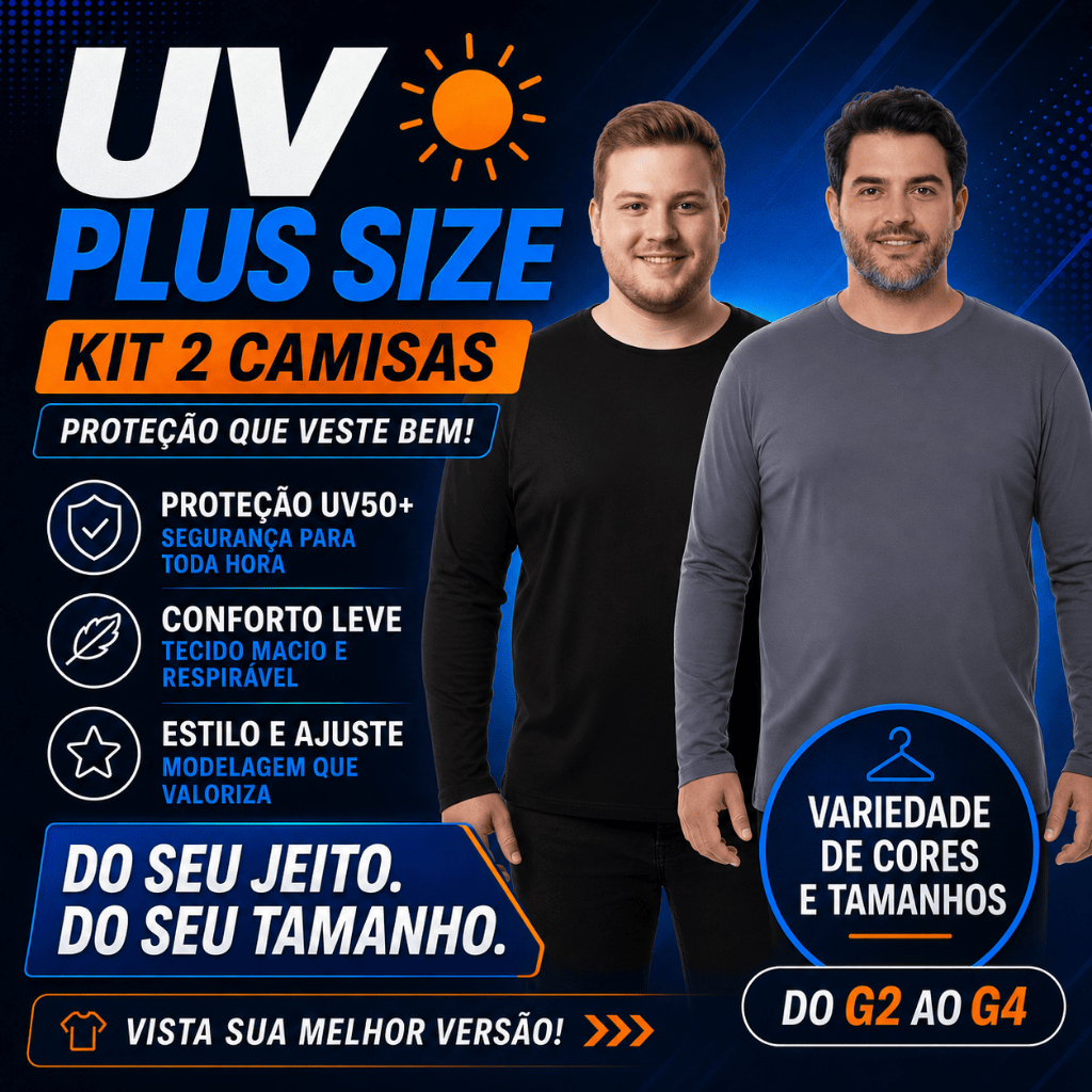 Kit 2 Camisas Blusas Plus Size Masculina Manga Comprida Dry Fit Segunda Pele Proteção Solar Uv