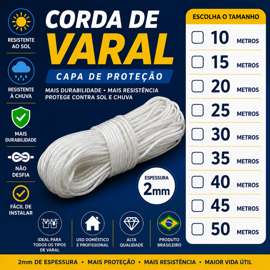 Corda Para Varal  10m/ 15m /20m /25m/ 30m /35m /40m /45m e 50 metros - Varal de Teto Quintal Ap 2mm