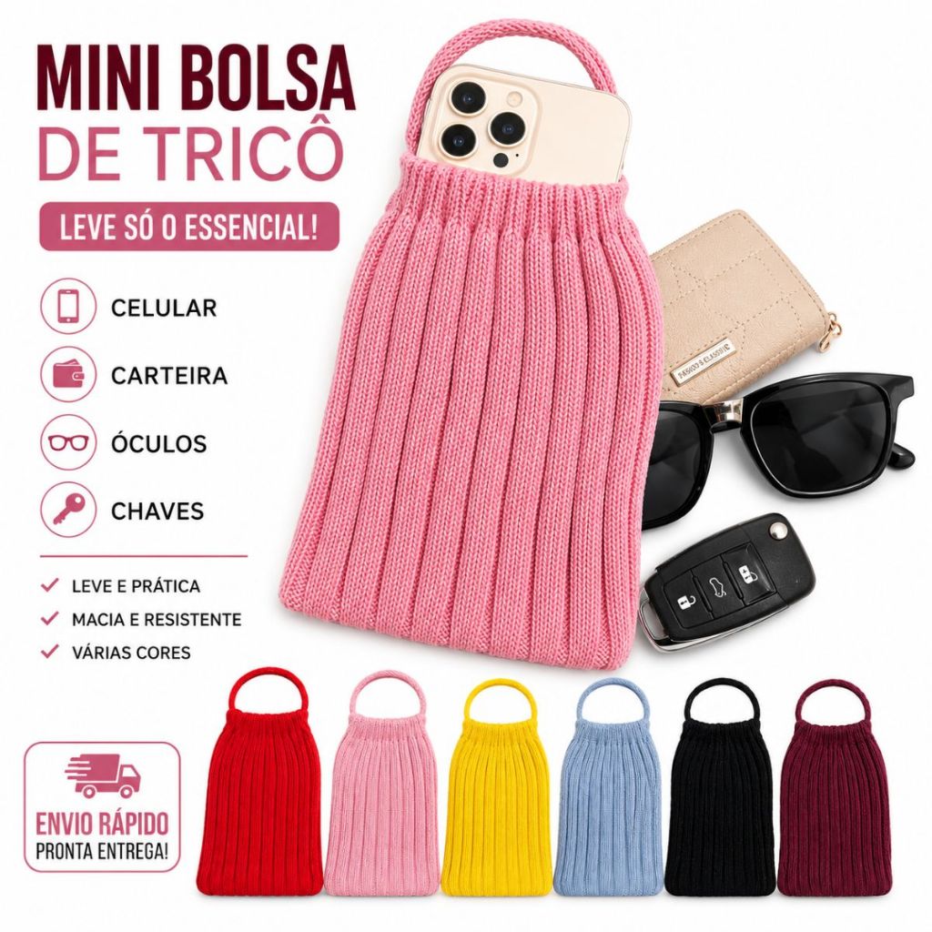Bolsinha Feminina Tricô Porta Celular Carteira Óculos Mini Bolsa Multiuso