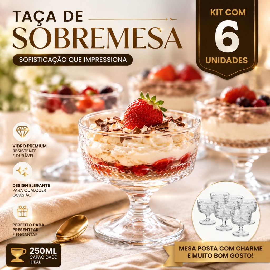 Jogo 6 Taças Sobremesa  Modelos Vidro 250ml com Pé – Taça Elegante para Sorvete, Mousse, Açaí e Pavê