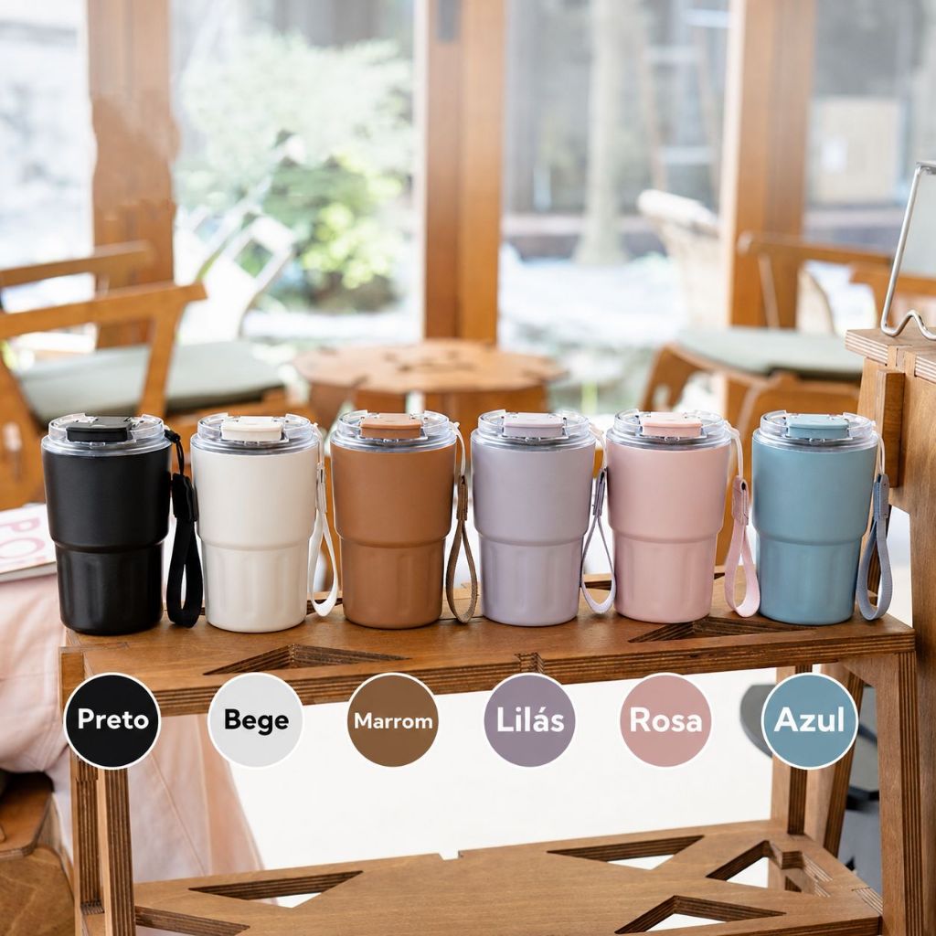 Copo Térmico Inox a Vácuo 320ml 400ml 600ml com Canudo e Alça Café Gelado Quente
