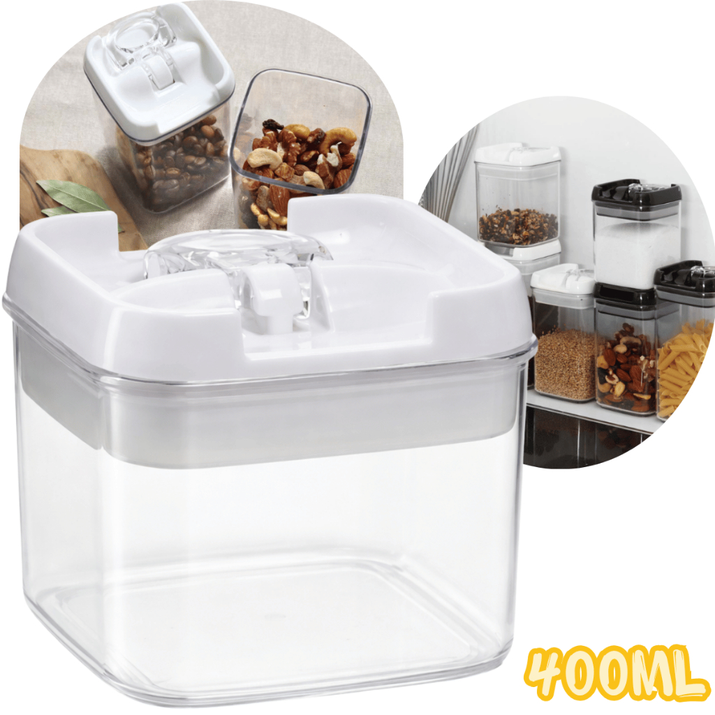 Frasco 400ml Vedado Transparente com Fechos para Grãos Armazenar Conservar Despensa Organização