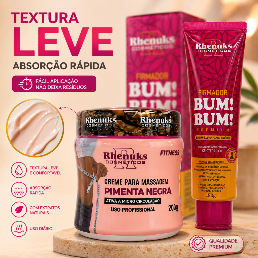 Kit Creme Pimenta Negra 200g + Gel Firmador Bum Bum Massagem Corporal 150g Rhenuks