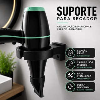 Suporte de Parede Para Secador de Cabelo Organizador Banheiro Porta Secador Preto Branco Resistente 2 Parafusos