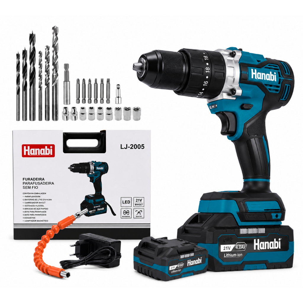 Hanabi Parafusadeira Furadeira Brushless 21V Sem Fio Profissional 80Nm 2 Baterias com Indicador Led