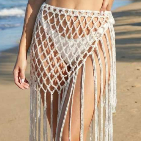 Saída de Praia de Crochê com Franja Feito à Mão Algodão Artesanal canga saida croche rendada macramê