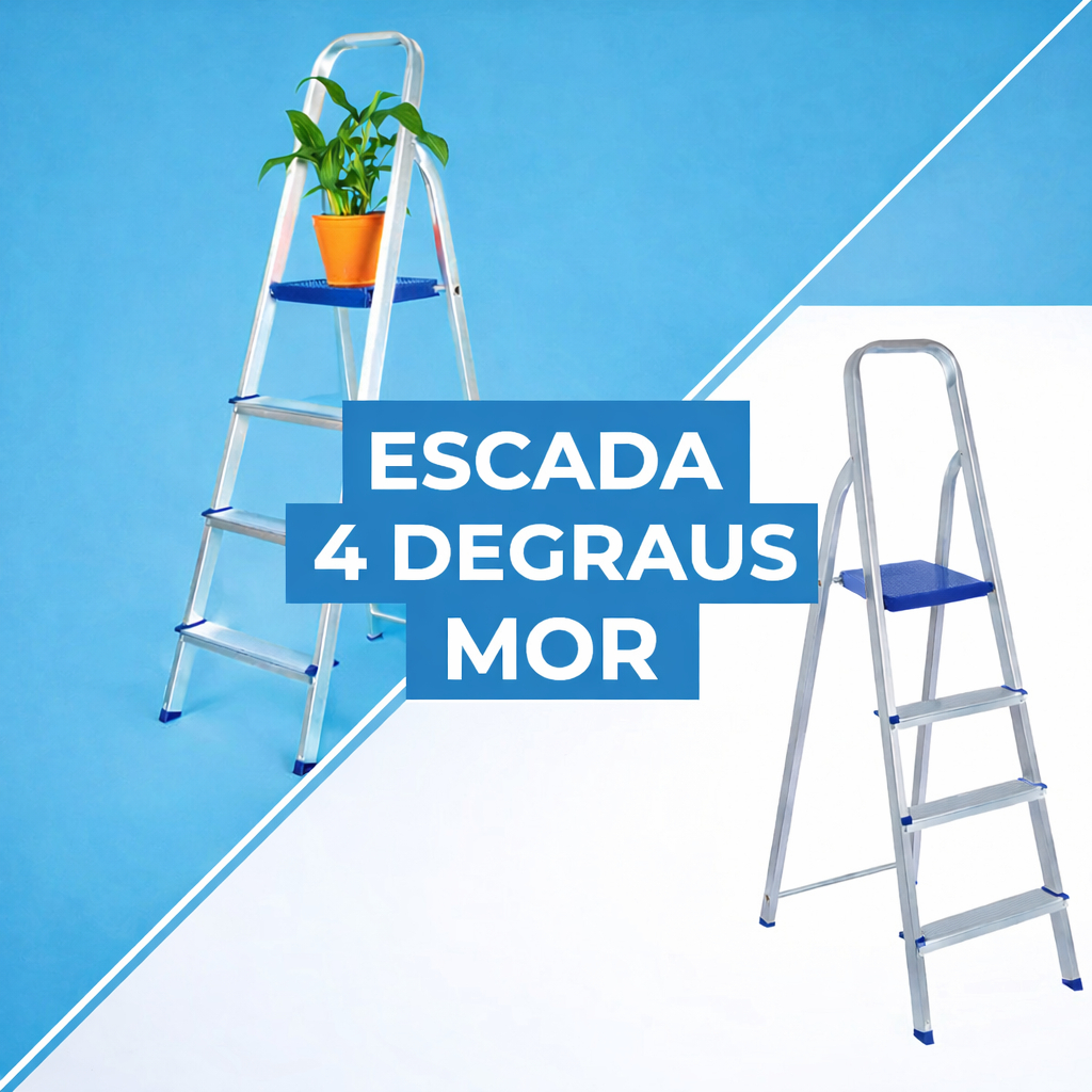 Escada Alumínio 4 Degraus Azul - MOR - Multiuso, Leve, Dobrável, Anti-derrapante, Segura