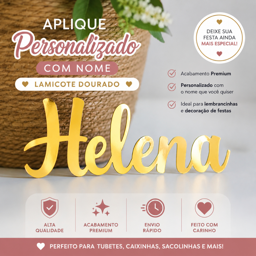 ENVIO IMEDIATO - Aplique Personalizado com Nome em Lamicote Dourado • Decoração Luxo para Festa Infantil