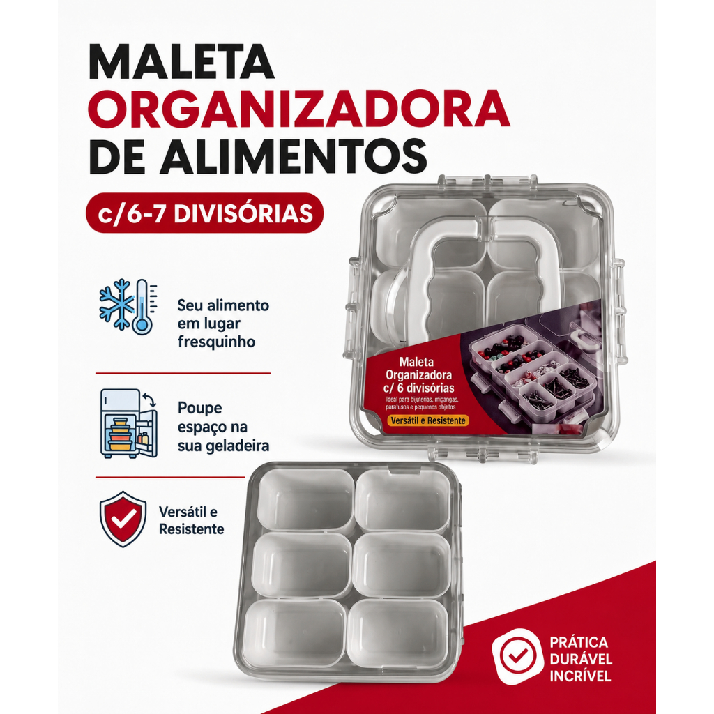 Maleta Organizadora Acrílico com 7 Divisórias Removíveis Caixa Multiuso para Alimentos
