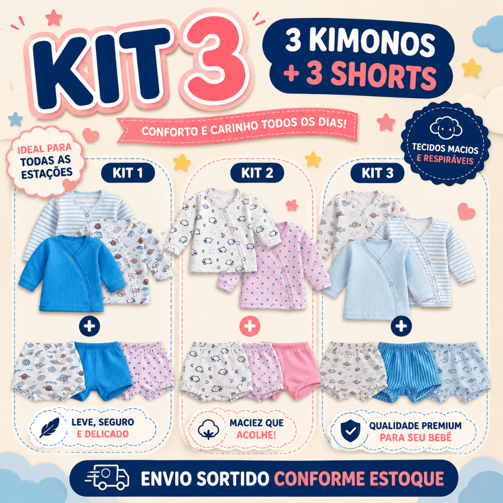 Kit 3 Body Bebê Kimono Manga Longa Canelado Tapa Frauda Estampado Ovelhinha  com Botões de Pressão Unissex RN P M G 1