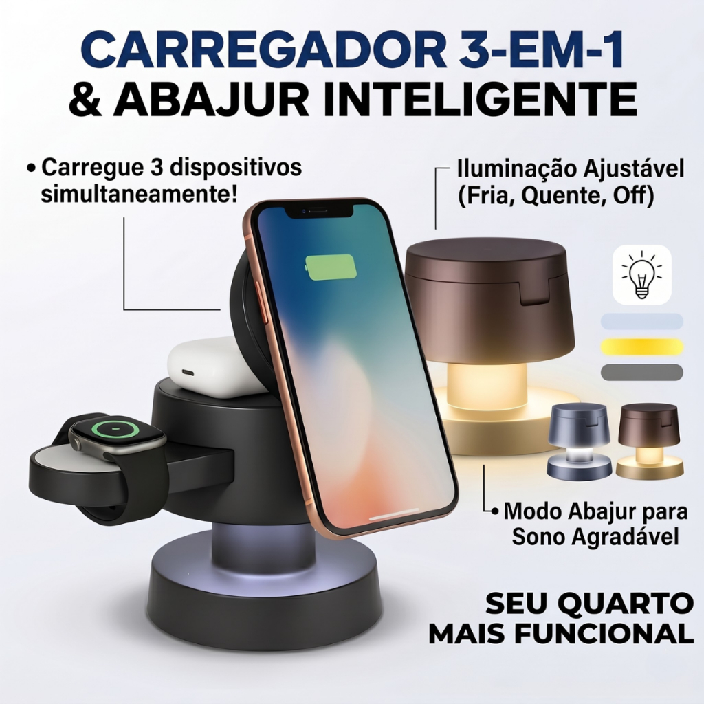 Carregador Estação 4 Em 1 Indução para Smartphone Watch Airpods + Luminária