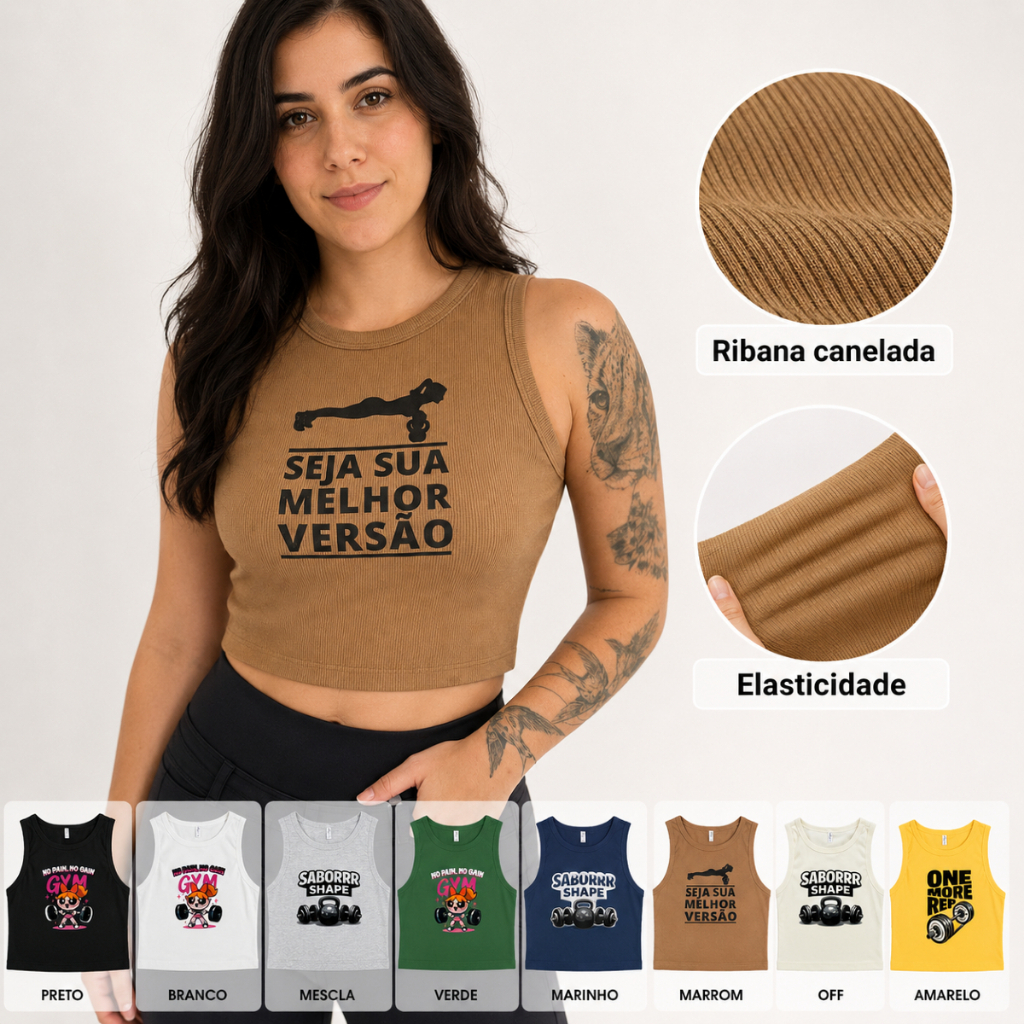 Cropped Regata Feminino Fitness Academia Estampado Ribana Canelada Premium P M G GG
