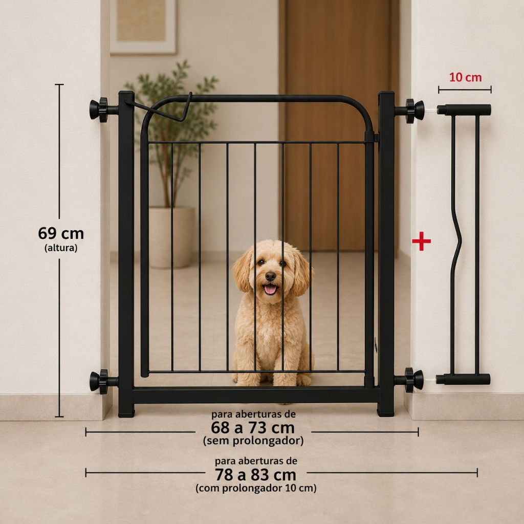 Portão Portãozinho Segurança Para Pets e Crianças - Ajustável 68cm a 83cm - Preto ou Branco