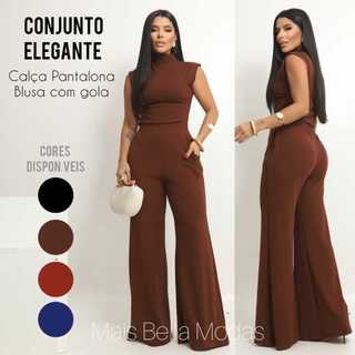 Conjunto Feminino Calça Pantalona com Blusa Feminina Gola Alta Social Elegante
