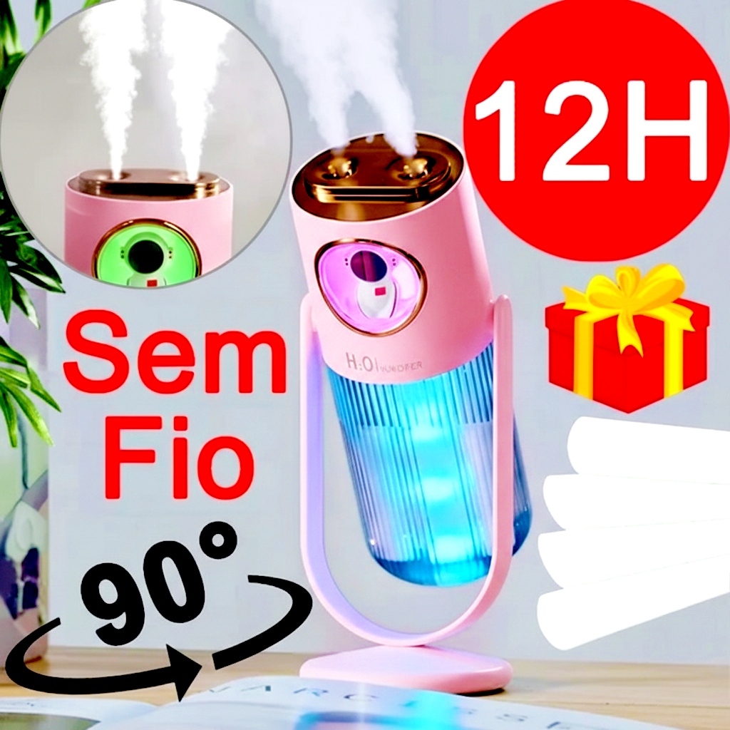 Umidificador De Ar Sem Fio 12 Horas Com 2 Saídas De Ar E Led 4 Em 1 Multifuncional Recarregável Portátil Para Quarto