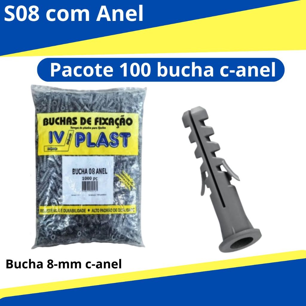 100 Bucha 8mm nylon com Anel Para fixação de moveis e diversos em paredes