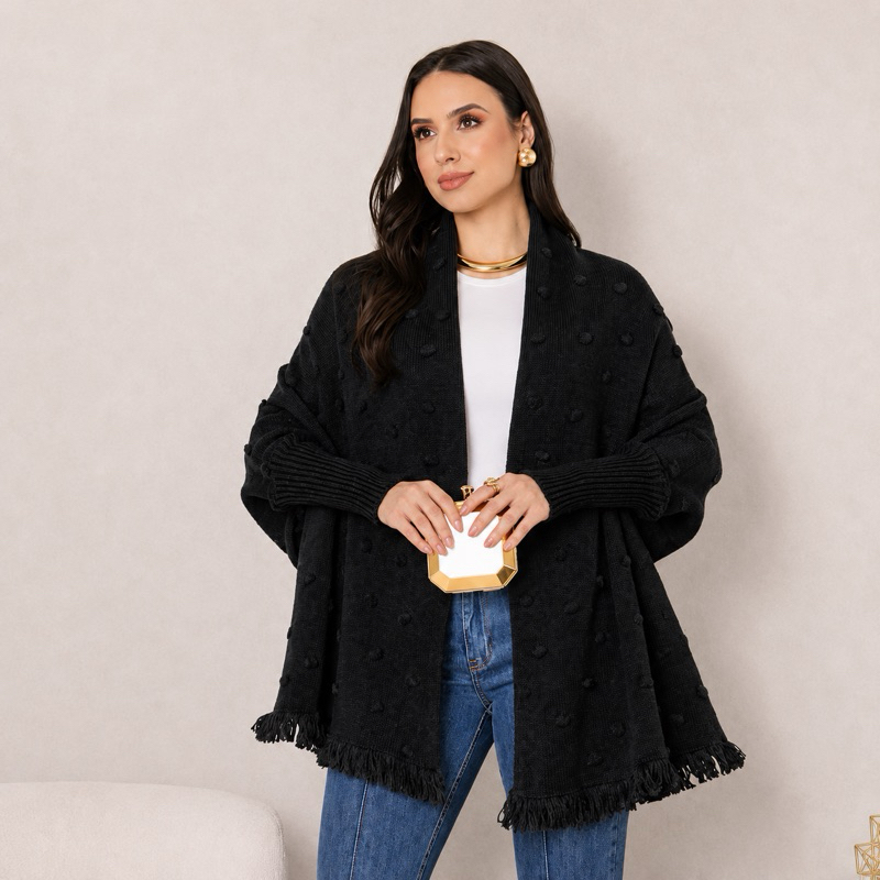Xale Capa Poncho Blusa Feminina Trico Manga Longa Inverno Blusa de Tricot