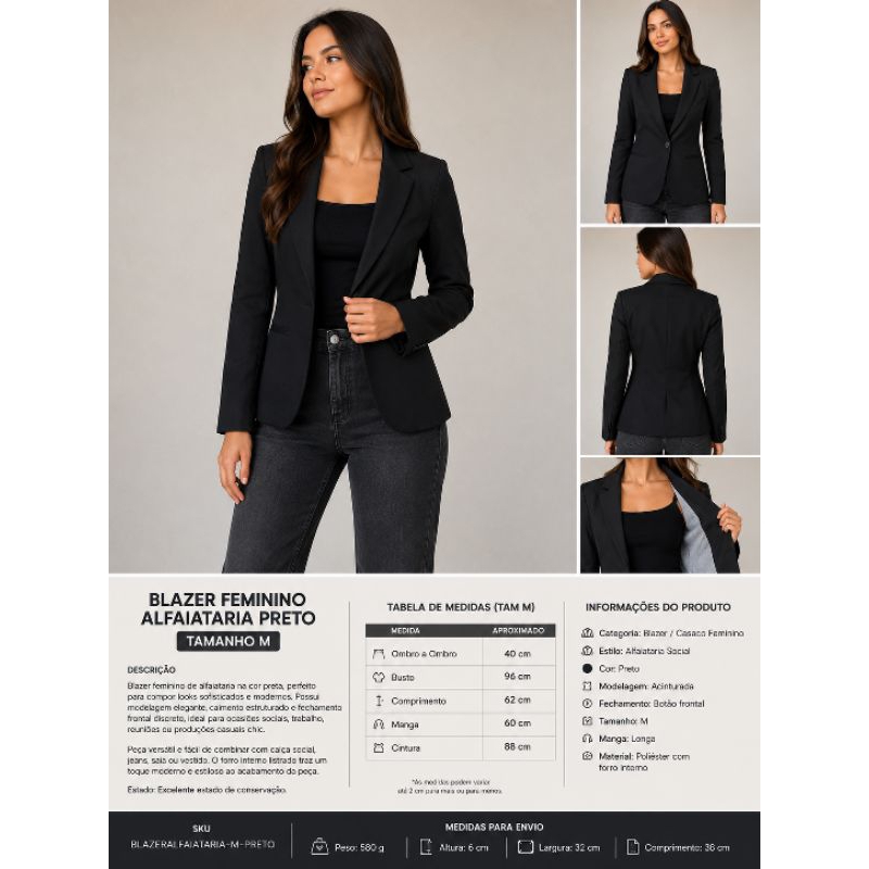 Blazer Feminino Alfaiataria Preto Social Elegante Tam M
