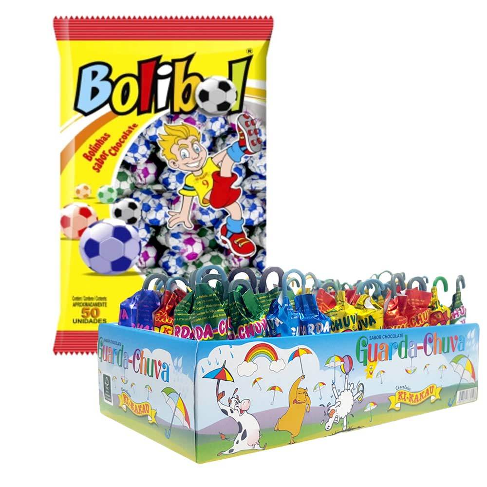 Kit Ki Kakau Sabor Chocolate Guarda Chuva Tchuca c/50 + Bolibol Bolinhas de Futebol 340g