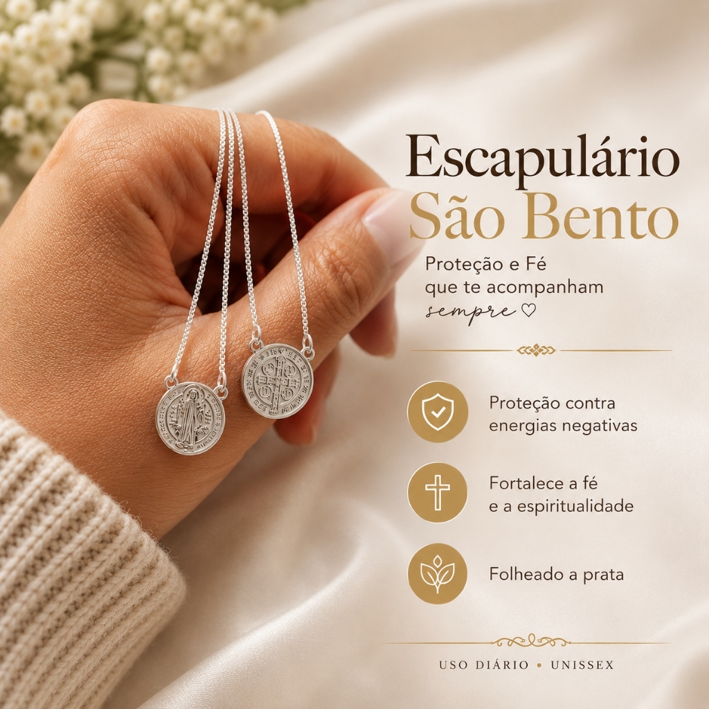 Escapulário São Bento Medalhinha Redonda/ Delicado Folheado Ouro 18k ou Prata 925 Religioso Premium Feminino Masculino — imagem 2 de 2