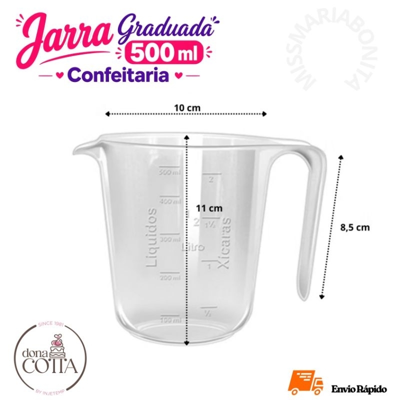 Jarra Graduada 500ml Medidor De Líquidos E Secos de Polipropileno Confeitaria Cozinha Com Alça Transparente