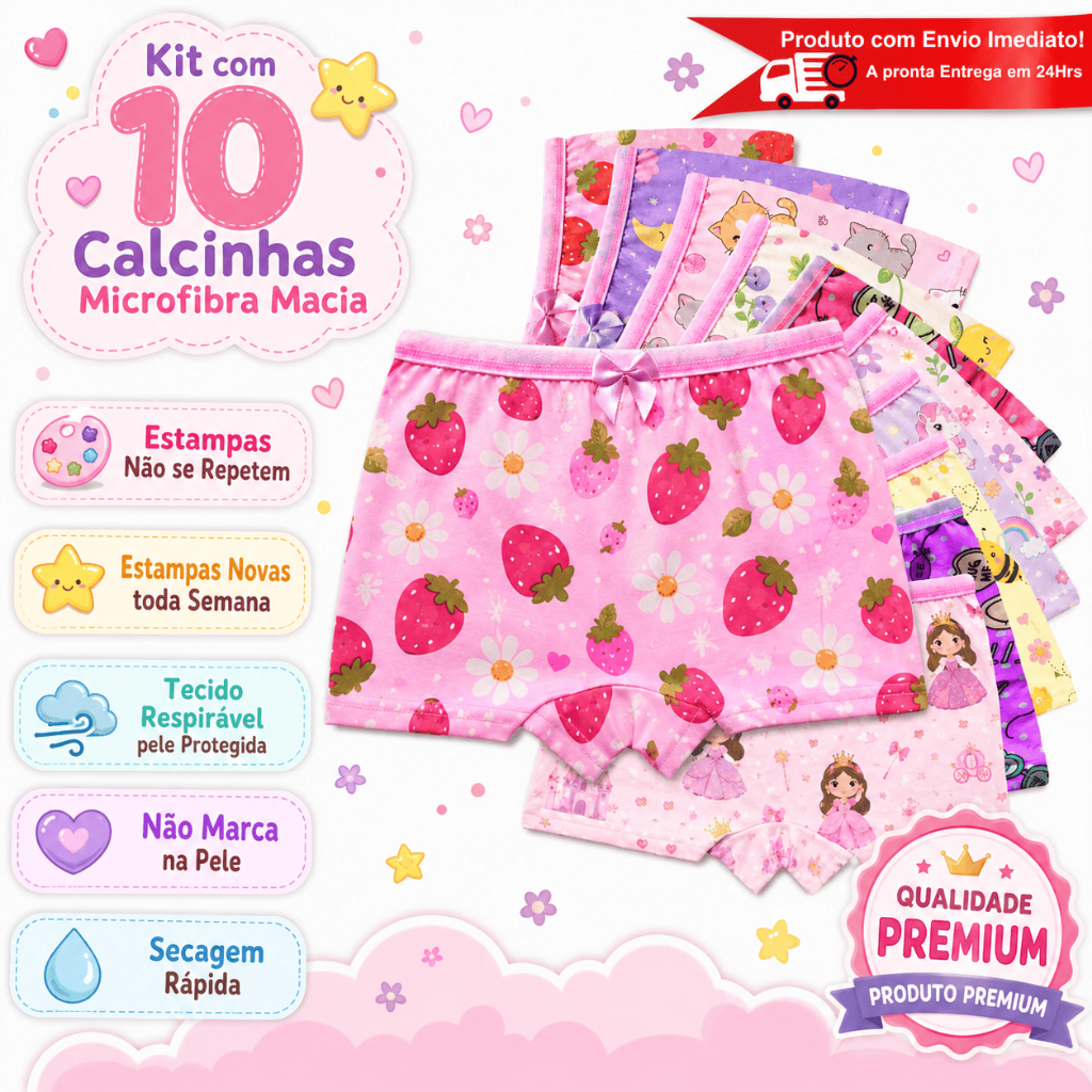Kit 10 Calcinhas Box Boxer Shortinho Infantil Menina de Microfibra Estampado